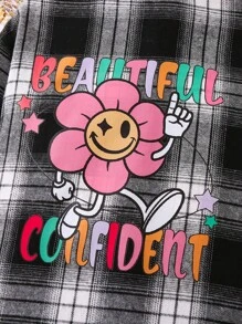 SHEIN Cô Gái Trẻ Đen & Trắng Kẻ sọc Hoạt hình Lá thư Màu hồng In Hoa Áo sơ mi Với Vòng cổ Và Tay thường Cho mùa hè - Đen và trắng - Xem 5