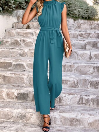 SHEIN Privé 素色腰帶闊腿連體褲