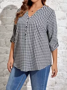 EMERY ROSE Áo sơ mi Plus Size Nút Kẻ sọc Giải trí - Xanh và trắng - Xem 3