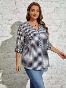 EMERY ROSE Áo sơ mi Plus Size Nút Kẻ sọc Giải trí - Xanh và trắng - Xem 4