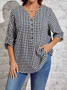 EMERY ROSE Áo sơ mi Plus Size Nút Kẻ sọc Giải trí - Xanh và trắng - Xem 5