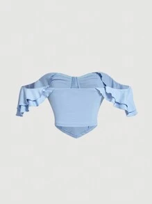 SHEIN MOD 一字肩胸部褶皺手帕下擺上衣 - 淺藍色 - 查看 2