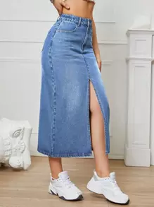 高腰高衩牛仔半身裙 - 中等水洗藍 - 查看 3