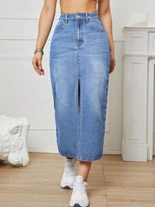 高腰高衩牛仔半身裙 - 中等水洗藍 - 查看 4