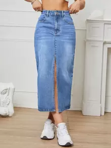 高腰高衩牛仔半身裙 - 中等水洗藍 - 查看 5