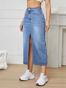 高腰高衩牛仔半身裙 - 中等水洗藍 - 查看 6