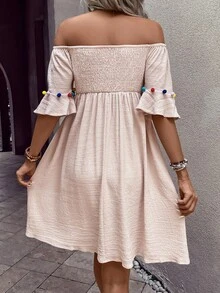 SHEIN LUNE Đầm Xù Dải chun màu trơn Boho - Màu be - Xem 2