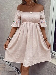 SHEIN LUNE Đầm Xù Dải chun màu trơn Boho - Màu be - Xem 3