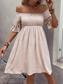 SHEIN LUNE Đầm Xù Dải chun màu trơn Boho - Màu be - Xem 6