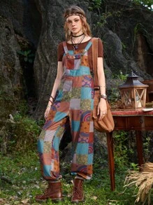 ROMWE Hippie Mono overol con estampado de retazo - Multicolor - Ver 1