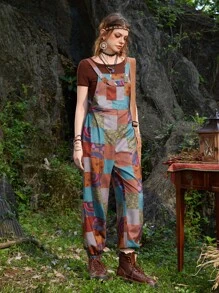 ROMWE Hippie Mono overol con estampado de retazo - Multicolor - Ver 4