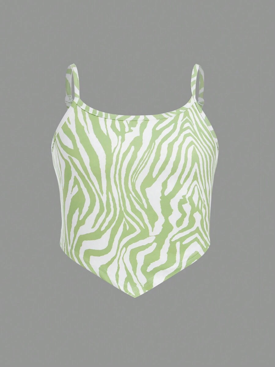 SHEIN 女孩斑馬條紋頭巾下擺吊帶上衣 - 綠色 - 查看 1