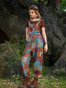 ROMWE Hippie Mono overol con estampado de retazo - Multicolor - Ver 5