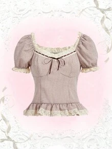 ROMWE Kawaii Gingham Print Contrast Lace Ruffle Hem Blouse - Multicolor - View 1