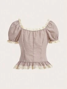 ROMWE Kawaii Gingham Print Contrast Lace Ruffle Hem Blouse - Multicolor - View 2