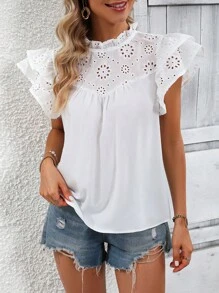 SHEIN LUNE Eyelet Embroidery Ruffle Trim Mock Neck Butterfly Sleeve Blouse - White - View 1