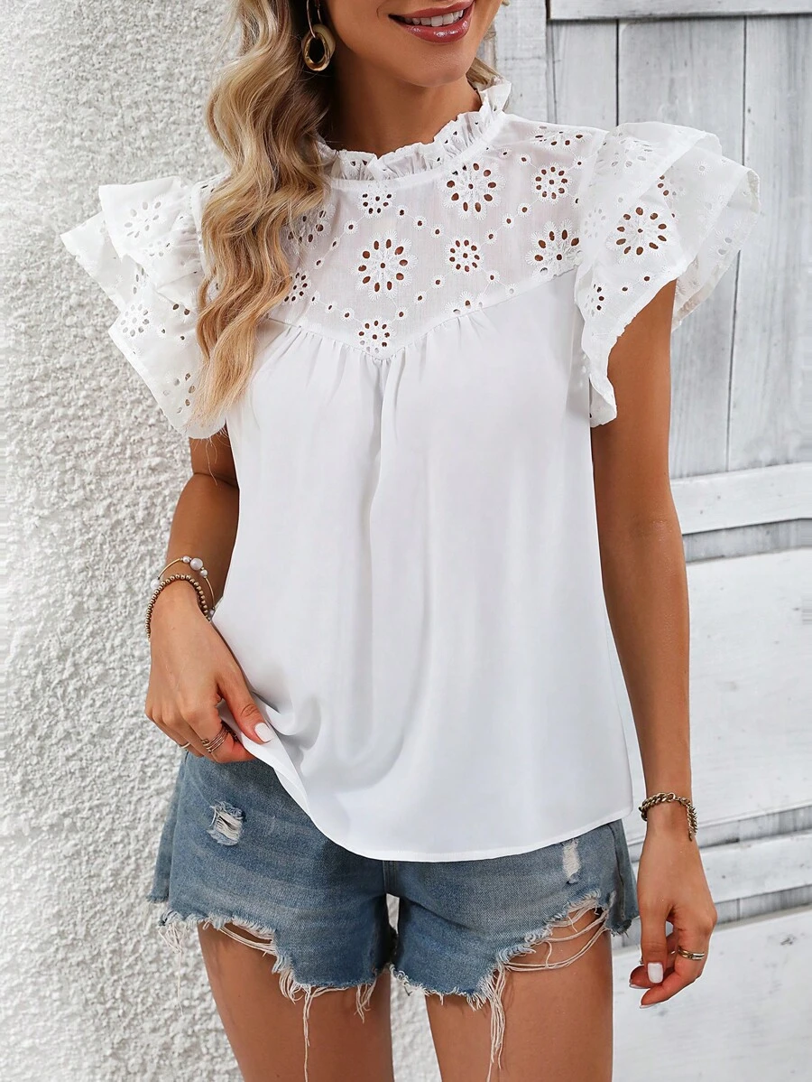 SHEIN LUNE Eyelet Embroidery Ruffle Trim Mock Neck Butterfly Sleeve Blouse - White - View 1