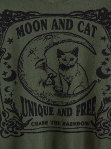 ROMWE Fairycore Mặt trăng & Hình con mèo Áo len Distressed - xanh quân đội - Xem 4