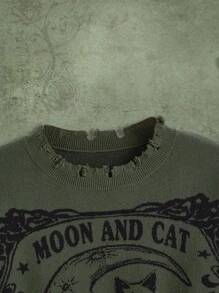 ROMWE Fairycore Mặt trăng & Hình con mèo Áo len Distressed - xanh quân đội - Xem 5