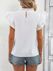 SHEIN LUNE Eyelet Embroidery Ruffle Trim Mock Neck Butterfly Sleeve Blouse - White - View 2