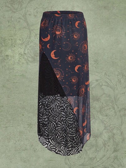 Hippie Sun & Moon Graphic Asymmetrical Hem Skirt
