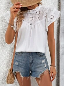 SHEIN LUNE Eyelet Embroidery Ruffle Trim Mock Neck Butterfly Sleeve Blouse - White - View 5
