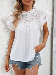 SHEIN LUNE Eyelet Embroidery Ruffle Trim Mock Neck Butterfly Sleeve Blouse - White - View 6