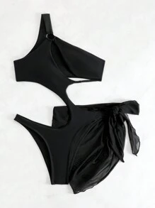 SHEIN Swim Phụ nữ một mảnh Bất đối xứng Cắt ra Thắt nút màu trơn - màu đen - Xem 3