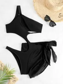 SHEIN Swim Phụ nữ một mảnh Bất đối xứng Cắt ra Thắt nút màu trơn - màu đen - Xem 6