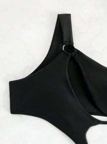 SHEIN Swim Phụ nữ một mảnh Bất đối xứng Cắt ra Thắt nút màu trơn - màu đen - Xem 7