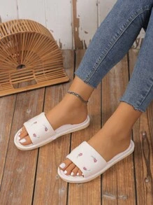 Women's Embroidered Bow Slip-On Slippers, Indoor Fabric Slippers, Flat Strap Slippers, Home Floor Slippers, Suitable For All Seasons