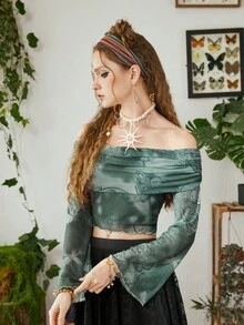 ROMWE Hippie 紮染佩斯利印花一字肩褶邊上衣 - 軍綠色 - 查看 2