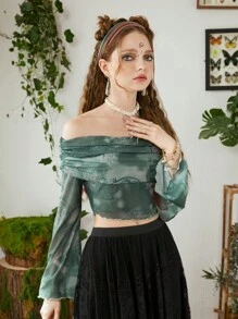 ROMWE Hippie 紮染佩斯利印花一字肩褶邊上衣 - 軍綠色 - 查看 6