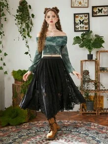 ROMWE Hippie 紮染佩斯利印花一字肩褶邊上衣 - 軍綠色 - 查看 9