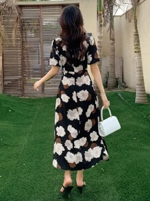 DAZY Floral Print Surplice Neck Dress Sundress,Back To School Clothes Vacation Outfits Women - Black - View 2