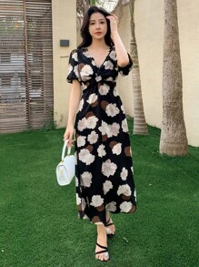 DAZY Floral Print Surplice Neck Dress Sundress,Back To School Clothes Vacation Outfits Women - Black - View 3