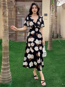 DAZY Floral Print Surplice Neck Dress Sundress,Back To School Clothes Vacation Outfits Women - Black - View 4