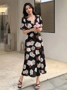 DAZY Floral Print Surplice Neck Dress Sundress,Back To School Clothes Vacation Outfits Women - Black - View 5