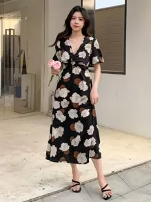 DAZY Floral Print Surplice Neck Dress Sundress,Back To School Clothes Vacation Outfits Women - Black - View 6