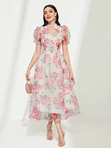 Mulvari 印花前鏤空泡泡袖歐根紗覆蓋連衣裙不附腰帶 - 白色 - 查看 2