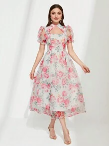 Mulvari 印花前鏤空泡泡袖歐根紗覆蓋連衣裙不附腰帶 - 白色 - 查看 5