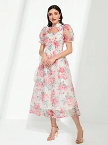 Mulvari 印花前鏤空泡泡袖歐根紗覆蓋連衣裙不附腰帶 - 白色 - 查看 6