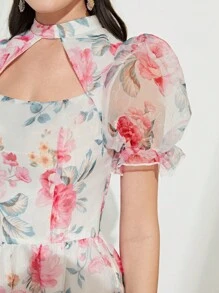 Mulvari 印花前鏤空泡泡袖歐根紗覆蓋連衣裙不附腰帶 - 白色 - 查看 7