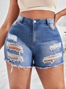 SHEIN SXY 大碼破洞毛邊牛仔短褲 - 淺色水洗藍 - 查看 1