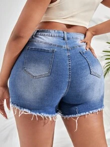 SHEIN SXY 大碼破洞毛邊牛仔短褲 - 淺色水洗藍 - 查看 2