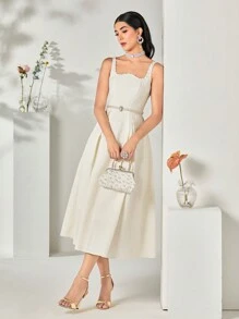 Modelyn 珍珠串珠邊提花連衣裙不附腰帶 - 米色 - 查看 3