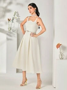 Modelyn 珍珠串珠邊提花連衣裙不附腰帶 - 米色 - 查看 4