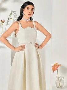 Modelyn 珍珠串珠邊提花連衣裙不附腰帶 - 米色 - 查看 5