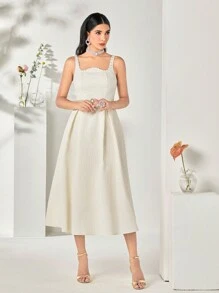 Modelyn 珍珠串珠邊提花連衣裙不附腰帶 - 米色 - 查看 1