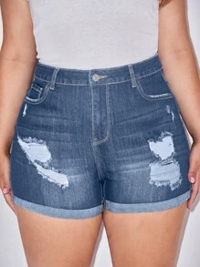 大碼破洞卷邊牛仔短褲 - 深色水洗藍 - 查看 2